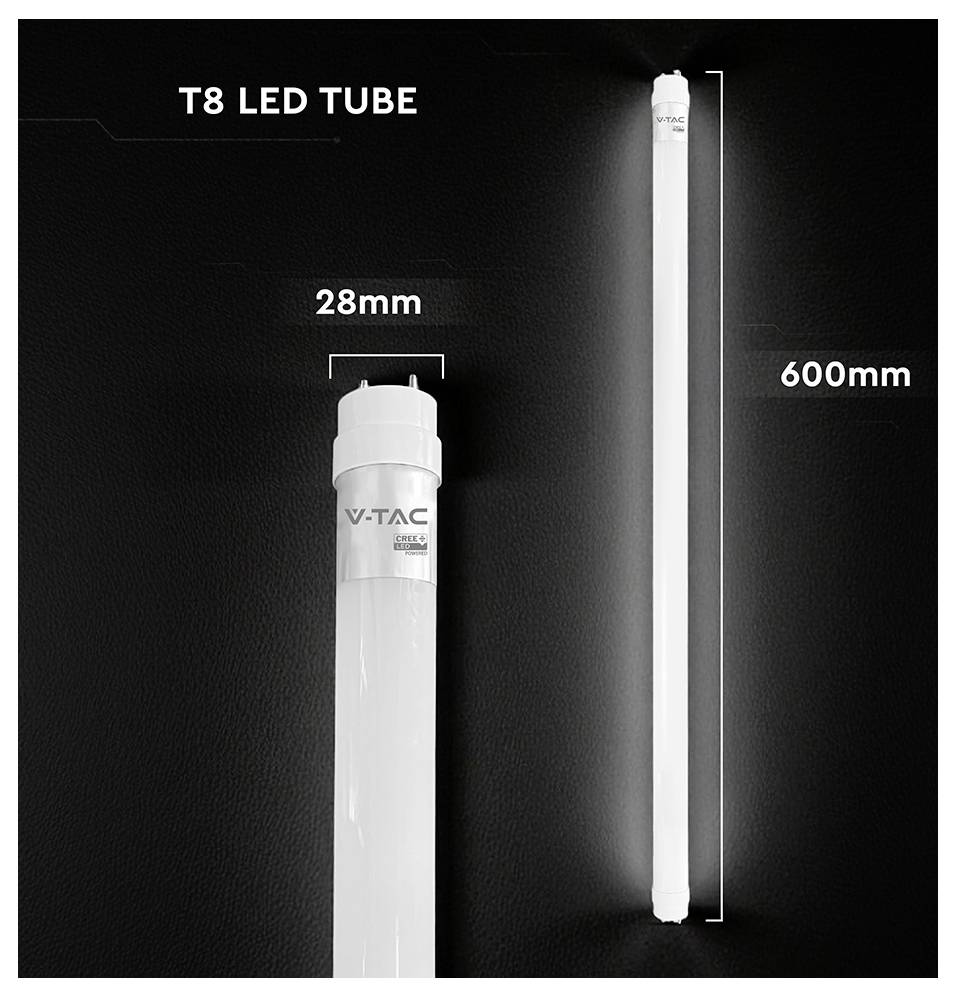 T8 LED cső a megadott méretekkel: 28 mm átmérő és 600 mm hosszúság.