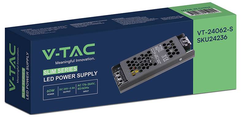 V-TAC slim series 60W LED tápegység csomagolása, amely a termékkép és a VT-24062-S és SKU24236 címkéket mutatja.