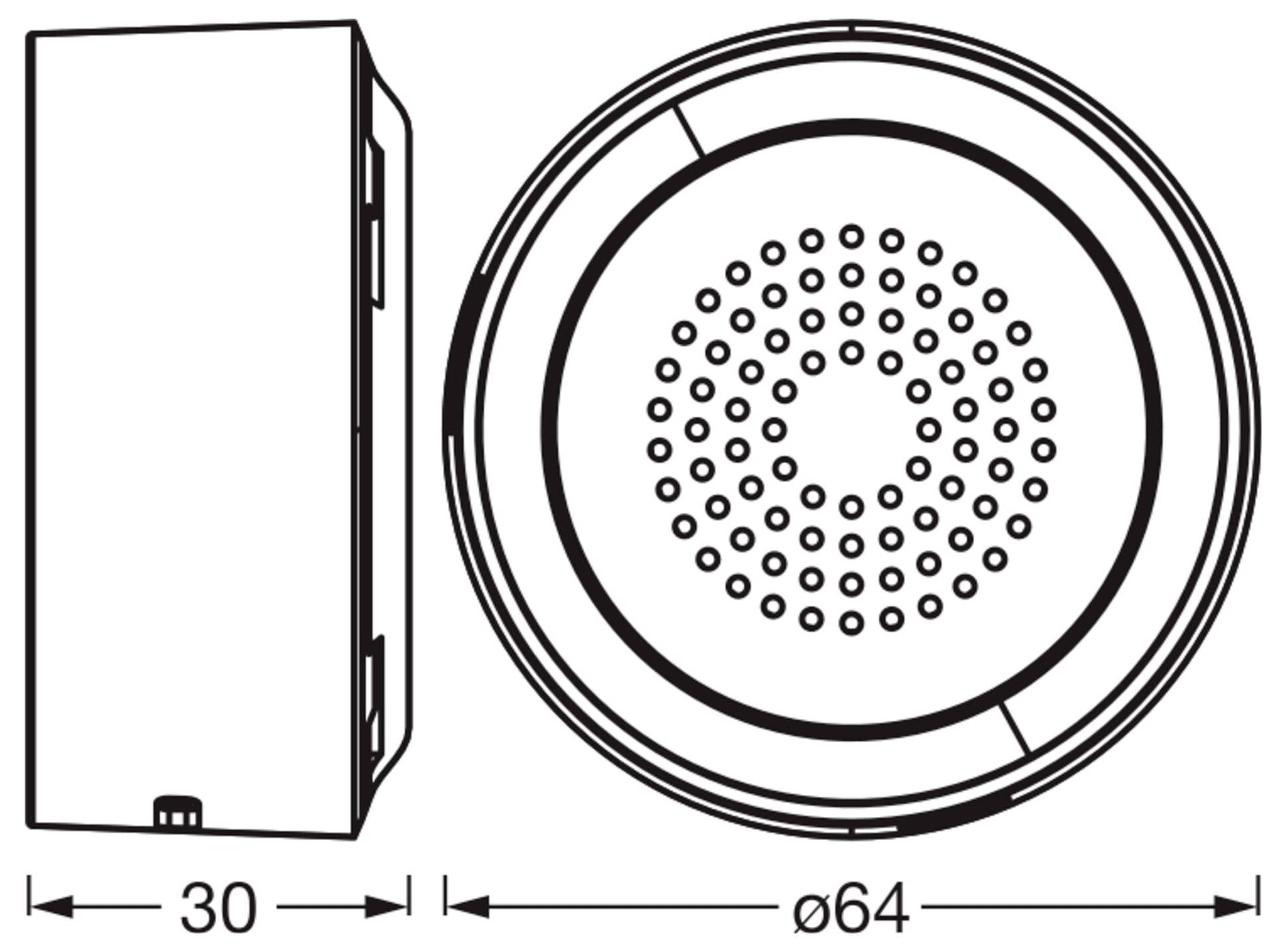 Kerek eszköz technikai rajza, amely elölnézetben és oldalnézetben látható, 30 mm széles és 64 mm átmérőjű.