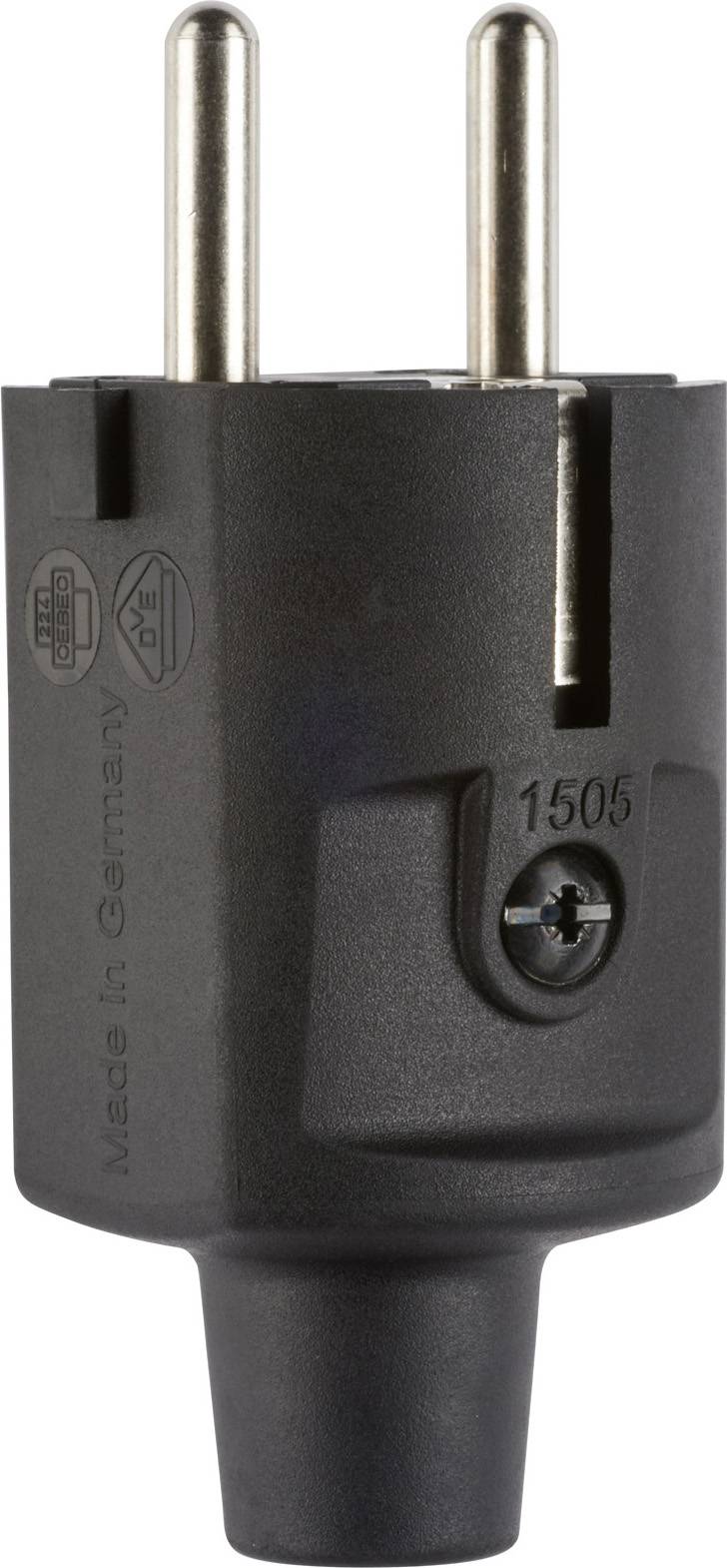 Fekete, kétcsapos európai elektromos csatlakozó adapter kerek tüskékkel, amelyen a "Made in Germany" felirat és az "1505" szám található.