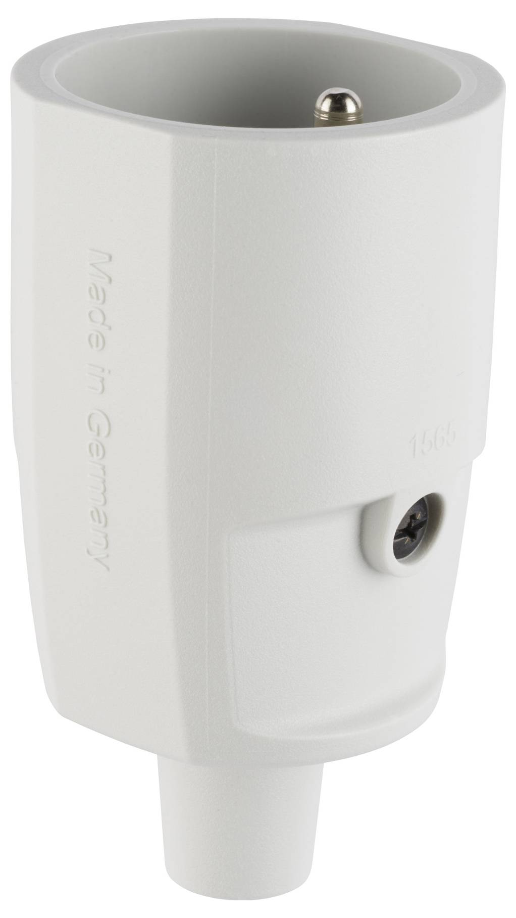 Egy fehér elektromos csatlakozó adapter közeli képe, bemélyedett aljzattal és földelőponttal, amelyen a "Made in Germany" felirat látható.
