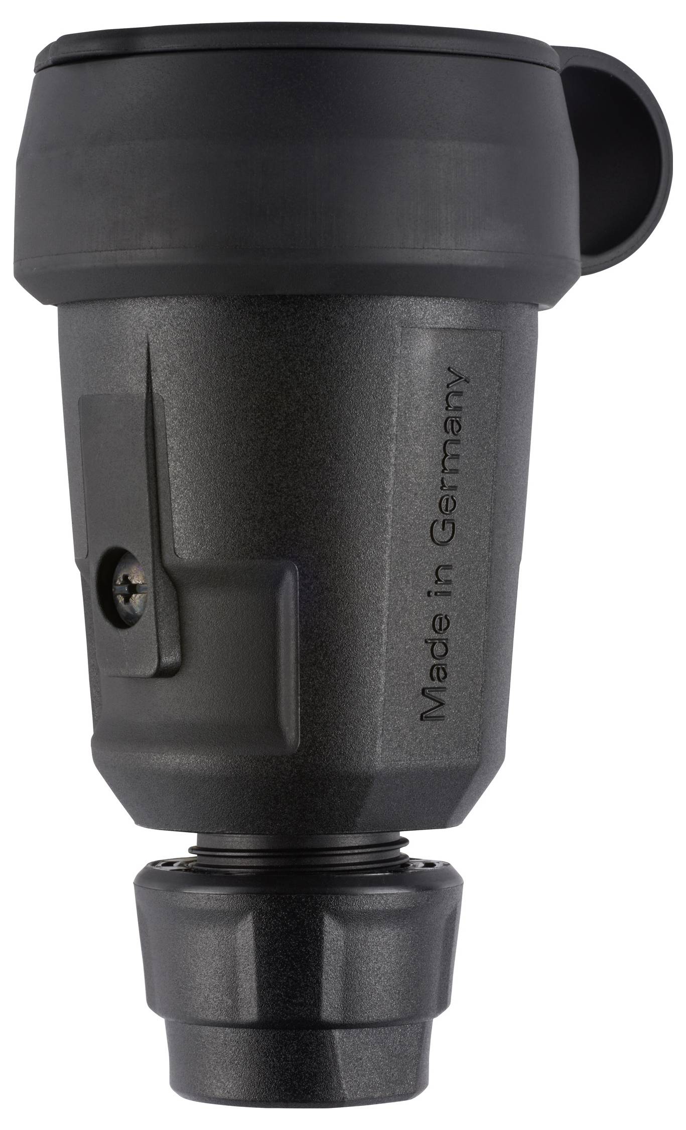 Fekete műanyag elektromos csatlakozó adapter oldalsó reteszeléssel, amely "Made in Germany" felirattal van ellátva, fehér háttéren izoláltan megjelenítve.