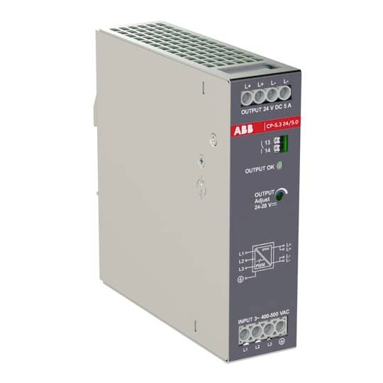 ABB DIN-sín tápegység modul állapot LED-ekkel, kimeneti kapocskákkal és állítódiallal.