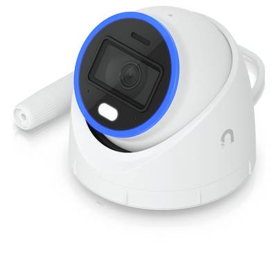 Fehér kupolás biztonsági kamera fekete lencse-arcfelülettel és kék LED-gyűrűvel, oldalsó kábellel vagy csatlakozóval megjelenítve.