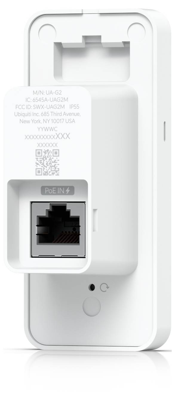 Fehér falra szerelhető hálózati eszköz, egyetlen Ethernet porttal és PoE IN felirattal, egyszerű háttérrel készített elölnézetben.