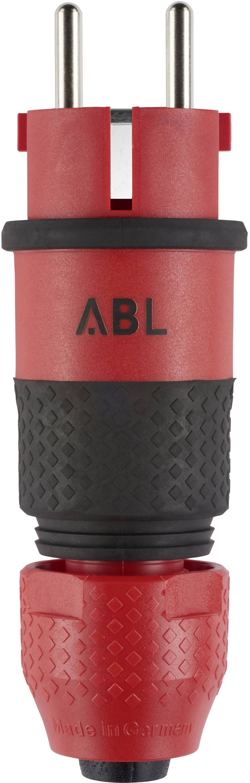 Piros és fekete kétpólusú elektromos dugó adapter, amelyen az „ABL" felirat található, fém érintkezőkkel