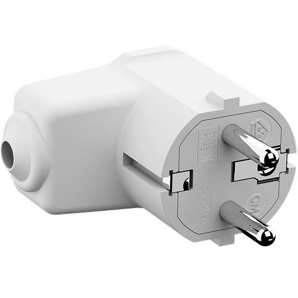 Egy fehér kétágú elektromos dugóadapter közelképe kerek fém sarkokkal egyszerű háttéren.