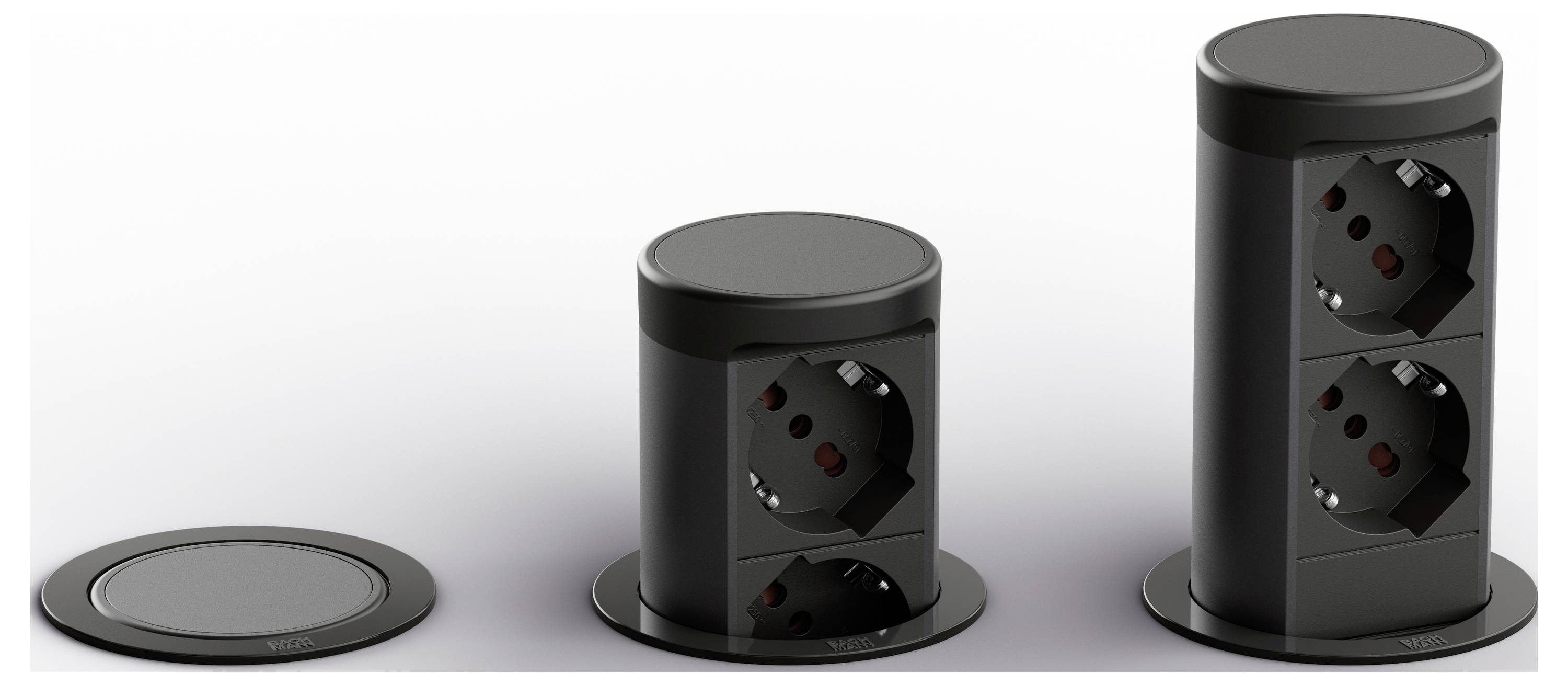 Három fekete hengeres áramellátási aljzatmodul három állapotban: süllyesztett zárva, egy aljzat felemelt, és két aljzat kibővítve.