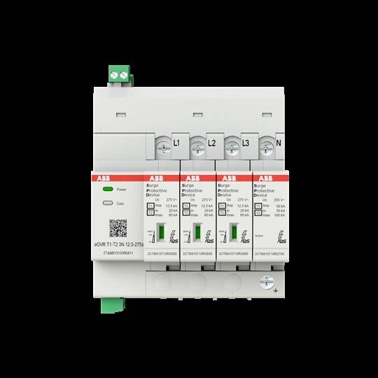 ABB túlfeszültség-védelmi eszköz négy modullal, amelyek L1, L2, L3 és N jelöléssel rendelkeznek, és bemutatja az energiaellátás és kommunikációs jelzőfényeket.