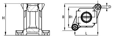 Egy mechanikai alkatrész műszaki rajza elöl- és oldalnézetben mutatva, H, B, B1, L és D jelölésű méretjelzésekkel.