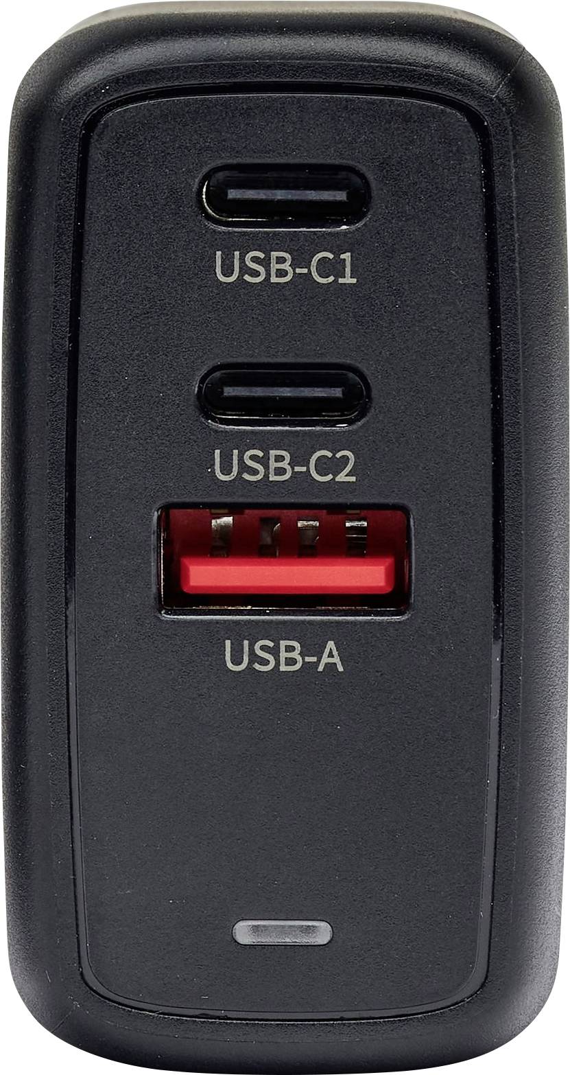 USB töltő két USB-C porttal, amelyek "USB-C1" és "USB-C2" jelöléssel rendelkeznek, egy USB-A porttal és egy kis jelzőfénnyel az alján.