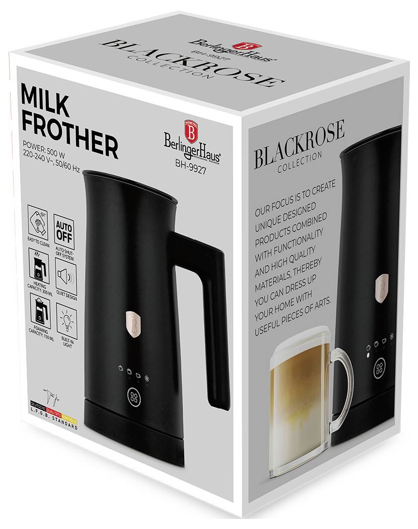 Fekete elektromos tejhabosító kiskereskedelmi dobozban, amelyen a „Milk Frother" és a „Blackrose Collection" felirat látható, a csomagolásn a termék jellegzetességei és a tejhabosító képe szerepel.