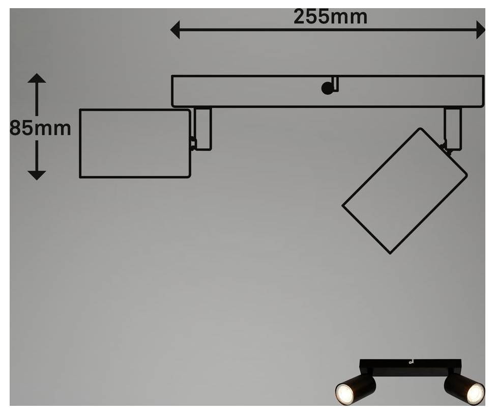 Mennyezeti spotlámpa szerelés diagramja, amely 255 mm széles és 85 mm magas, két állítható lámpafejes; kis termékfotó a jobb alsó sarokban.