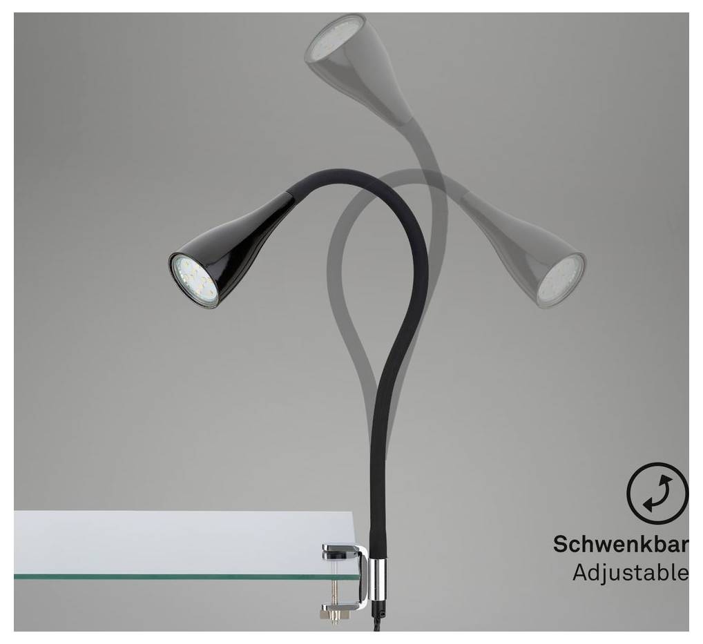 Állítható fekete asztali lámpa ívelt karral és spotlámpa fejjel, különböző forgó pozíciókban megjelenítve; „Schwenkbar" és „Adjustable" felirattal.