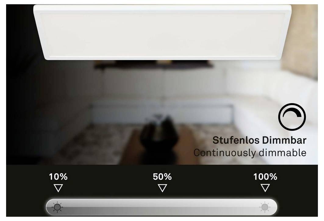 Érintés nélküli szabályozható fényerő-vezérlés grafika vízszintes csúszkával, amely 10%, 50% és 100%-kal van jelölve, és 'Stufenlos Dimmbar' és 'Folyamatosan szabályozható' feliratokat mutat.