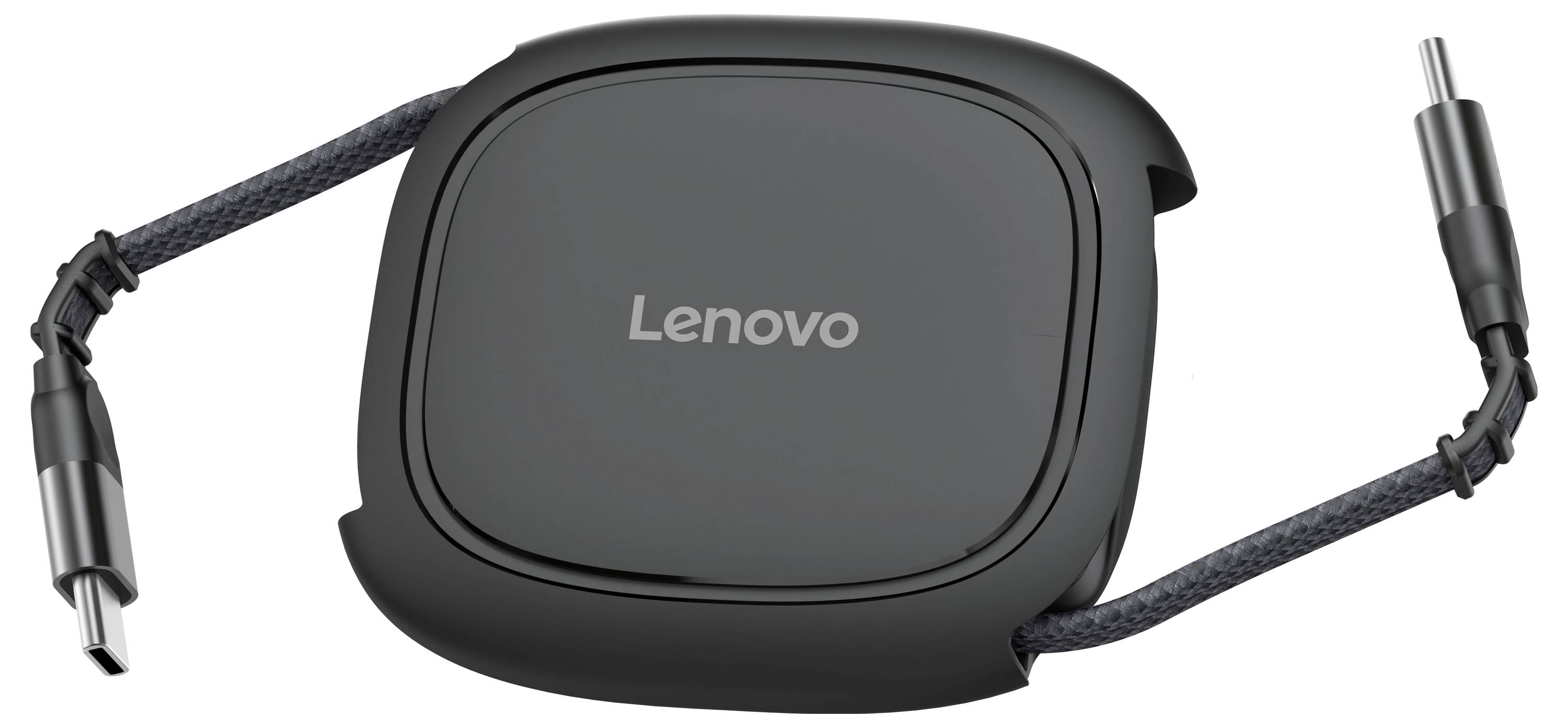 Lenovo márkájú fekete USB-C adapter két fonott kábellel és csatlakozókkal fehér háttéren.