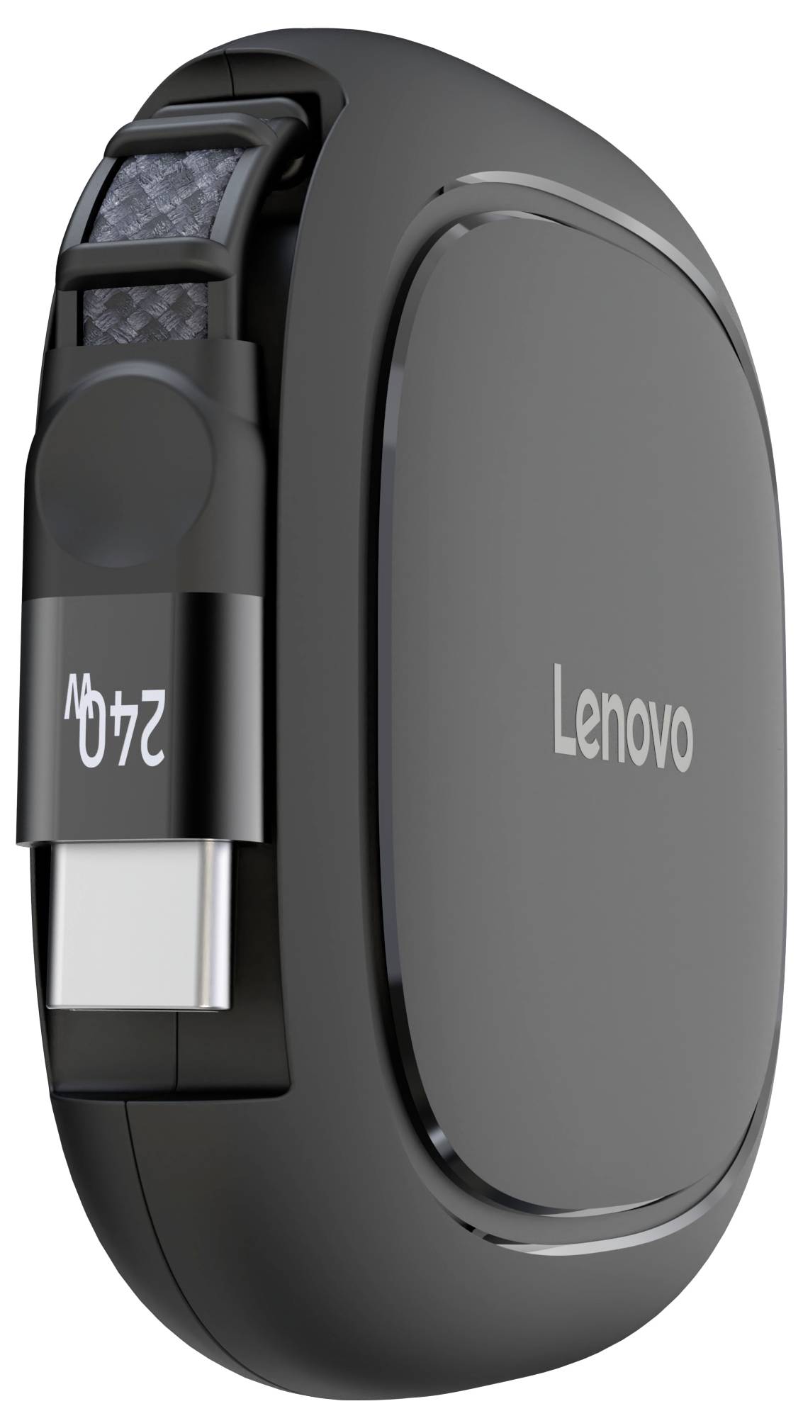 Fekete Lenovo behúzható USB-C kábel orsó beépített kábeltartó klippel.