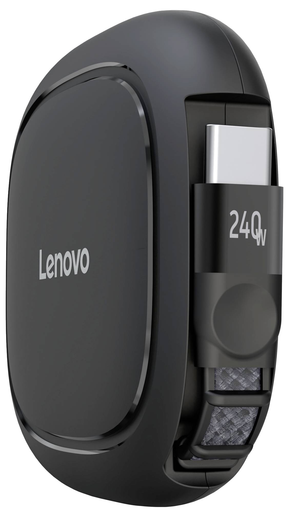 Fekete Lenovo 240W USB-C töltő, csatolt kábellel és látható csatlakoztató, kompakt, dobozszerű kialakításban.