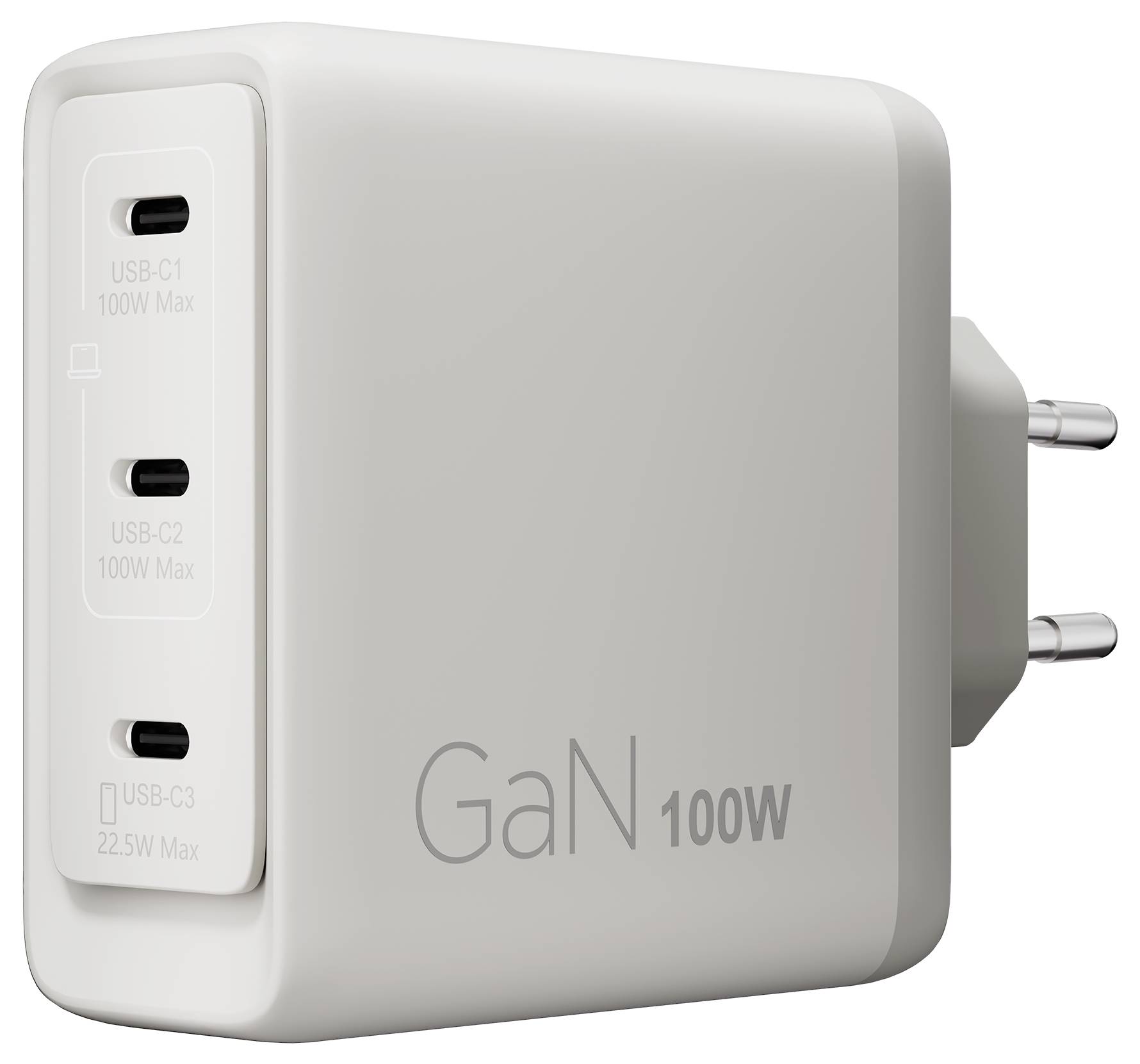 Fehér GaN 100W fali töltő három USB-C porttal és összecsukható EU csatlakozó tüskékkel.