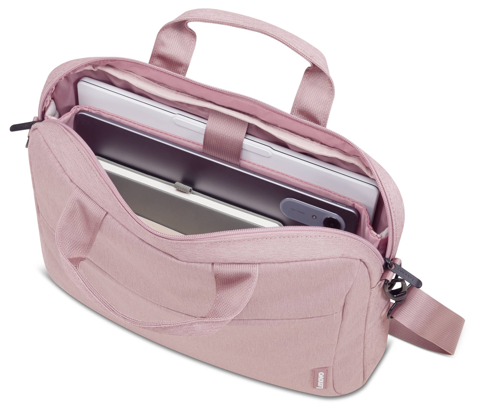 Rózsaszín laptop táska puzdra felül elhelyezett fogantyúval és vállpánttal, nyitott állapotban látható laptop és tablet belsejében.