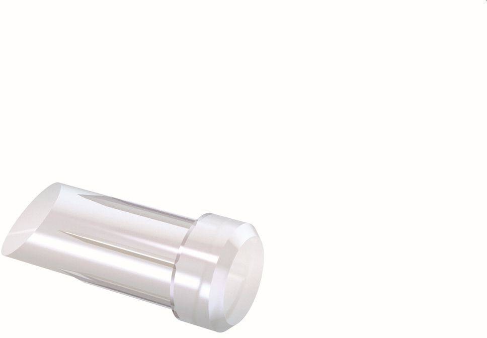 Egy tiszta hengeres műanyag sapka vagy hüvely, amely az oldalán fekszik egy fehér háttérrel szemben.