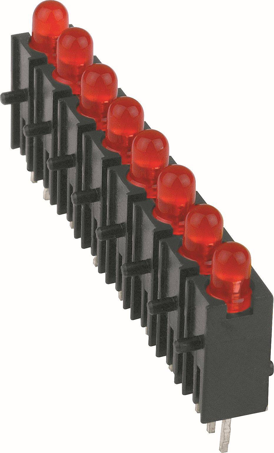Fehér háttéren szögben megjelenített fekete áramköri lap komponensen felszerelt piros LED jelzőfények sora.