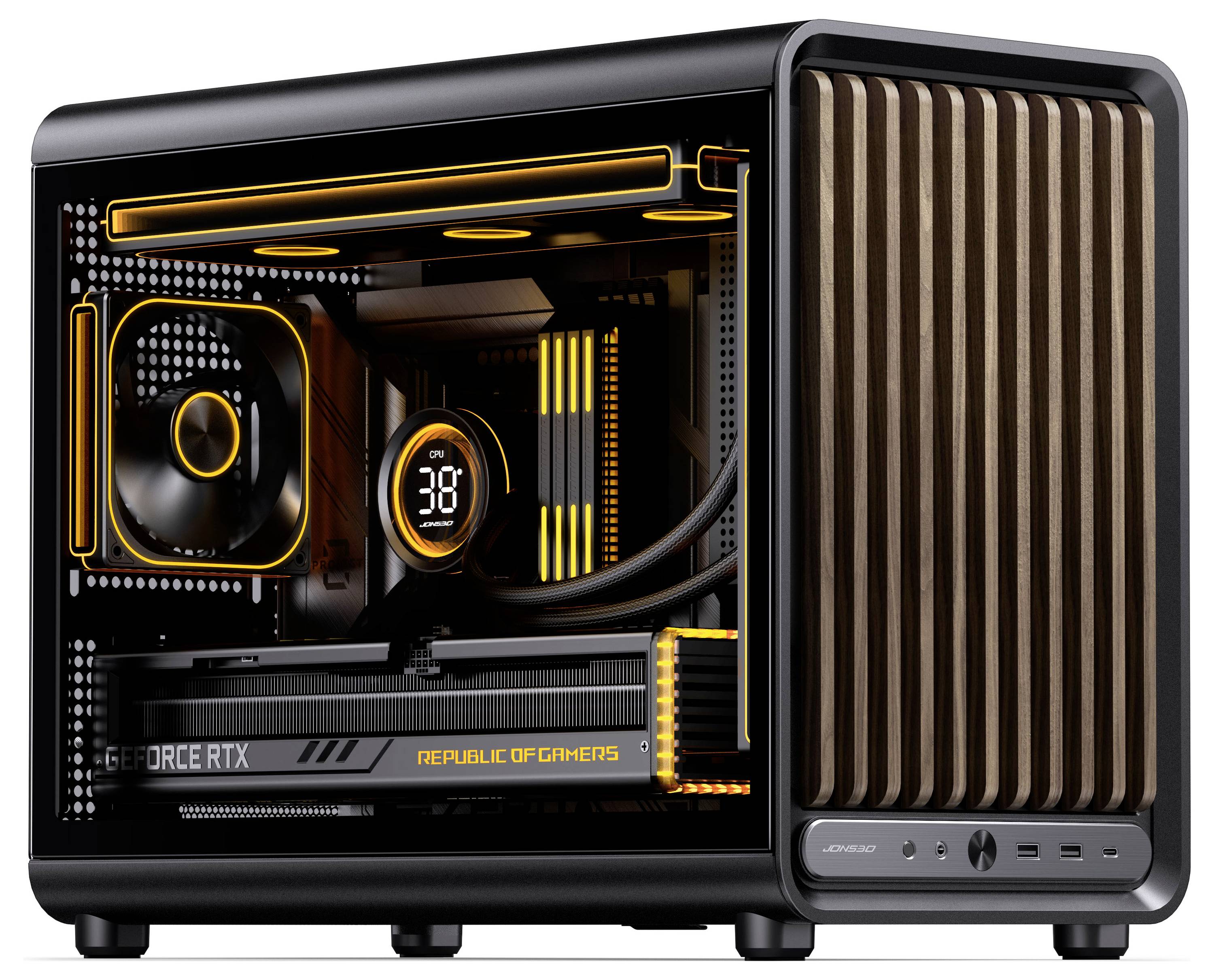 Nyitott PC-ház látható gaming hardverrel, beleértve a GeForce RTX és a Republic of Gamers grafikus kártyát, narancssárga LED-ek által megvilágítva.