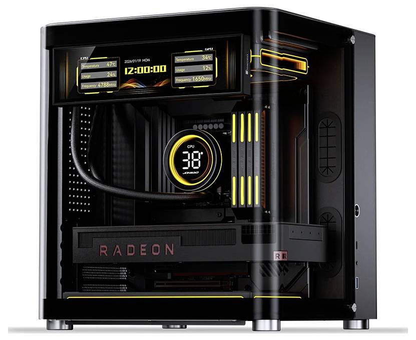 Egyedi gamer PC-torony átlátszó oldalpanellel, sárga világító akcentusokkal, CPU-hőmérsékletet mutató kijelzővel és Radeon grafikus kártyával belsejében.