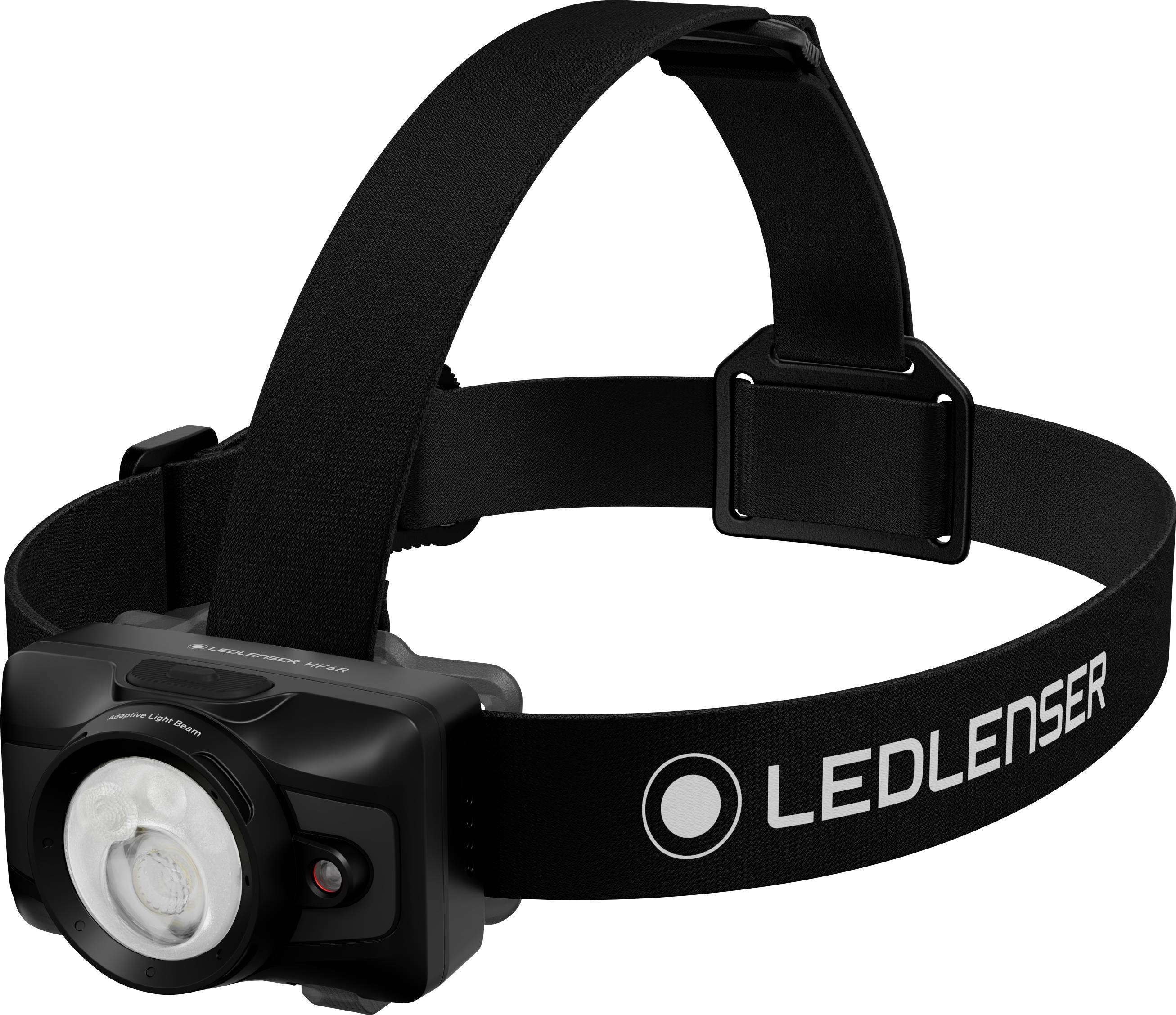 Fekete LEDLenser fejlámpa állítható fejpánttal és elülső fényegységgel, fehér háttéren bemutatva.