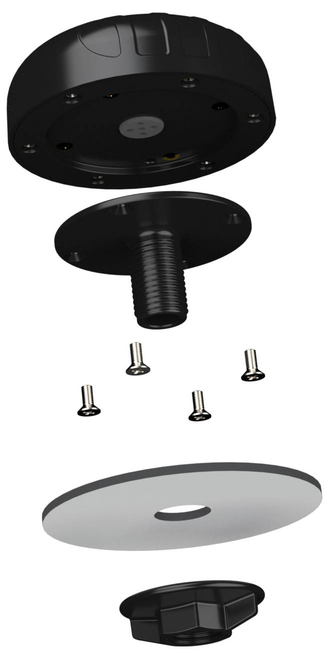 Egy szerelési egység robbantott nézete: fekete felső házak, menetes csavar, négy csavar, szürke alaplemez és szorítóknob.