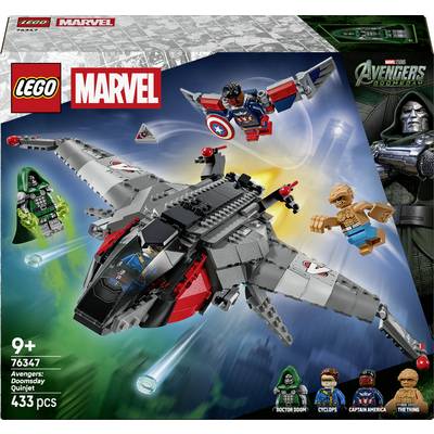 LEGO Marvel Avengers Apokalipszis Quinjet dobozművészete, amely az járművet ábrázolja Amerika Kapitánnyal, Doctor Doommal, Cyclopsszal és The Thingel; 76347-es szett, 433 darab, 9 évesek fölött.