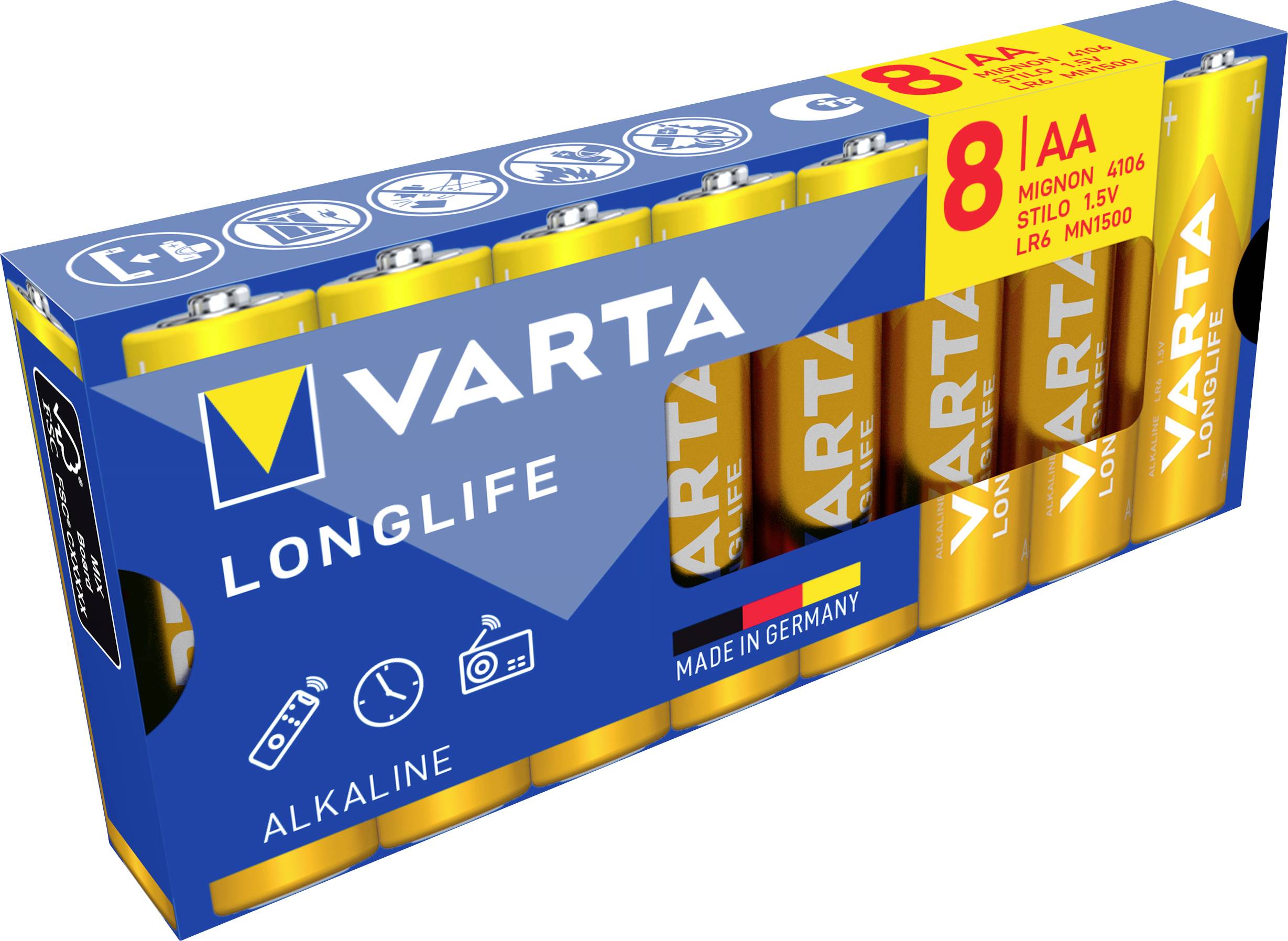 VARTA Longlife alkáli AA elem csomag, 8 darab, 1,5V, Made in Germany.