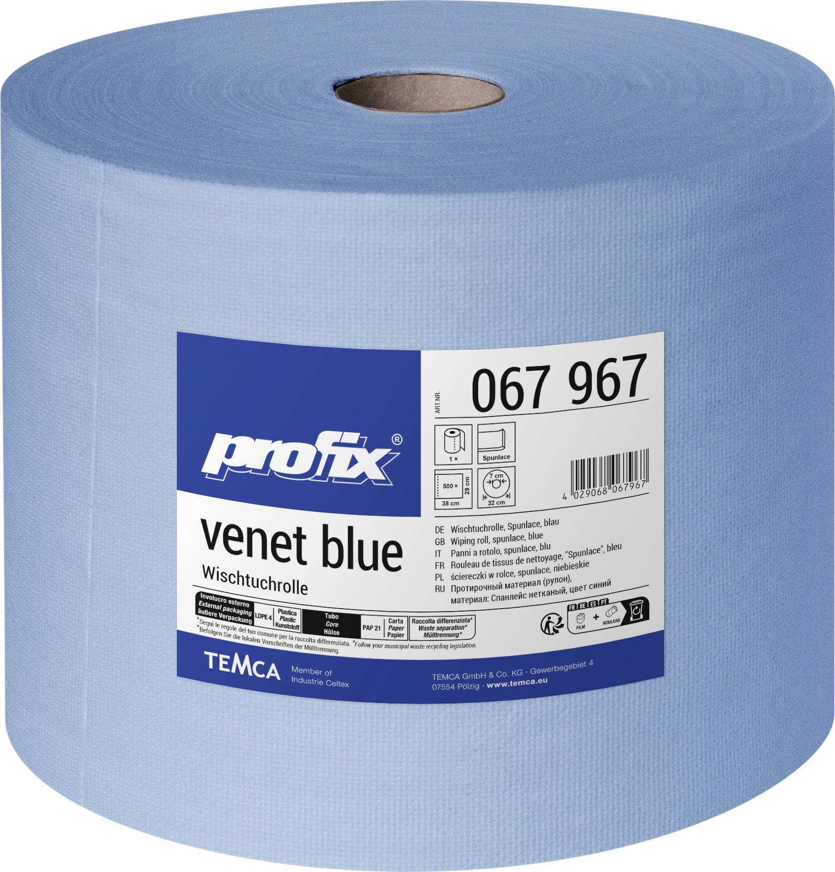 Kék tisztítókendő tekercs, amelyen a „profix venet blue" és a „Wischtuchrolle" felirat található, termékkód: 067 967.