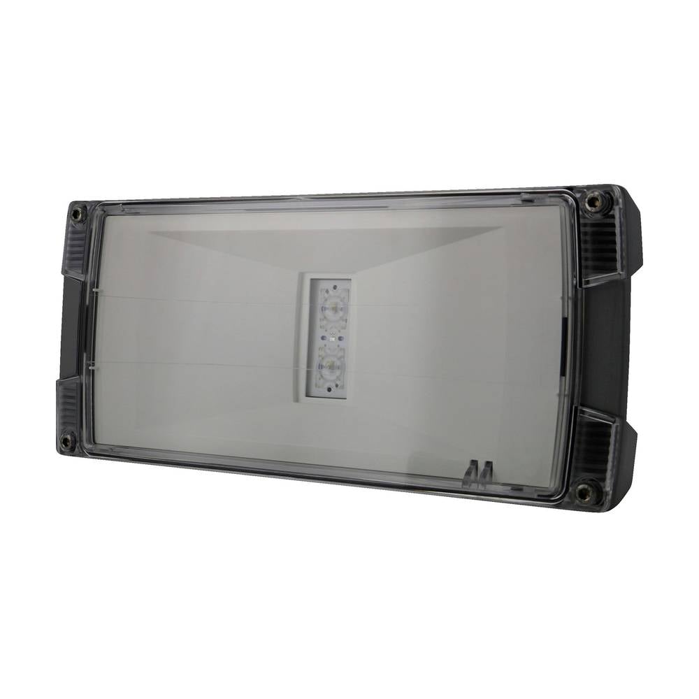Téglalap alakú fekete LED világítási lámpatest világos előlappal és a belsejében középre helyezett kis LED modullal.