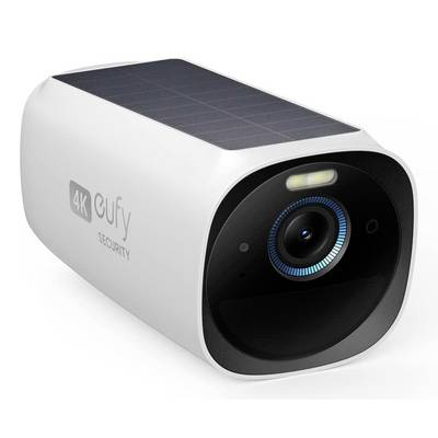 Fehér 4K eufy Security kültéri kamera napelem tetején, szögezett termékmegtekintésben.