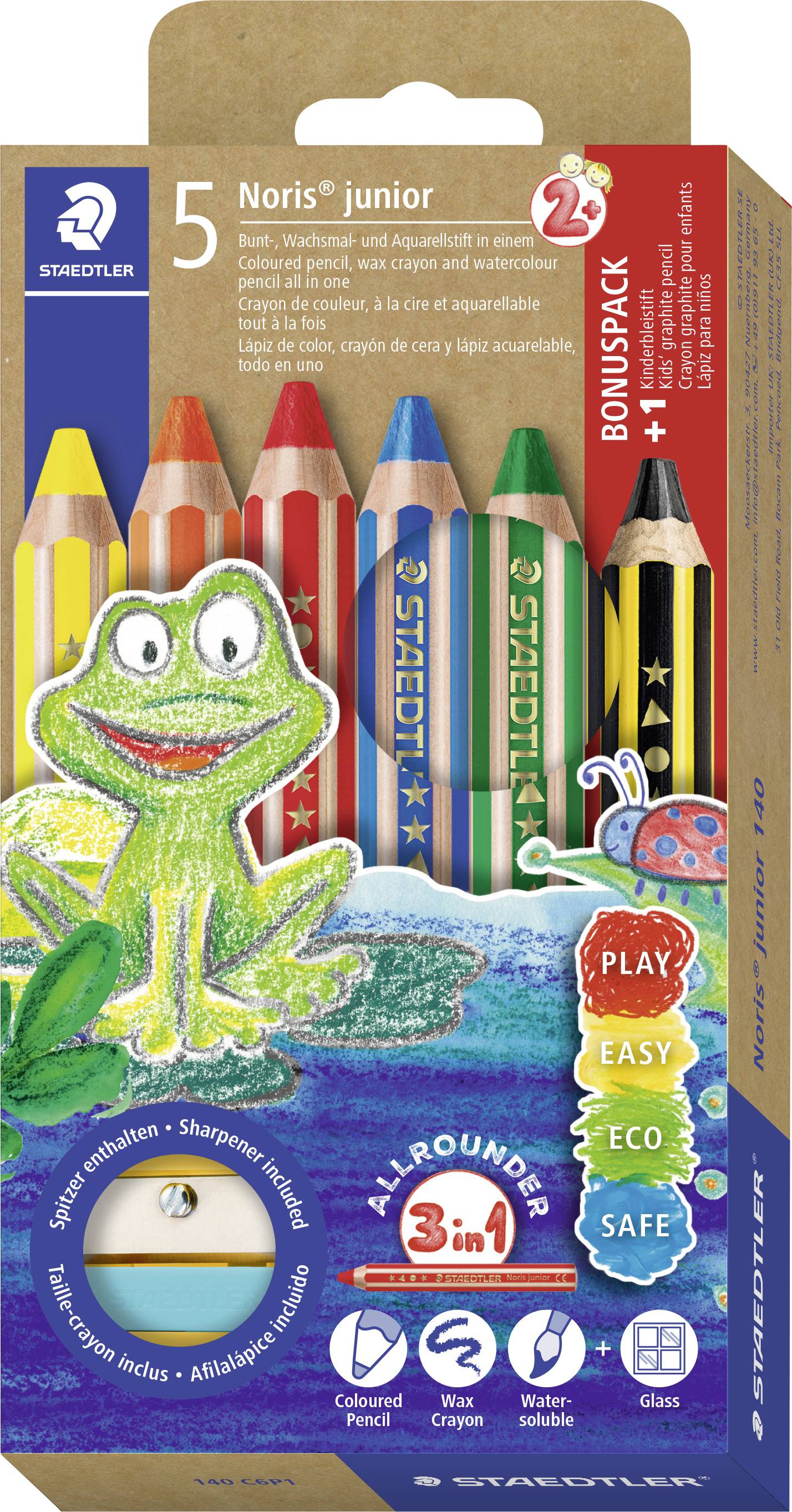 STAEDTLER Noris junior 5 háromszögletű színes ceruza csomag békás és katicás mintával, "BONUSPACK" és "3 in 1" felirattal gyerekeknek.