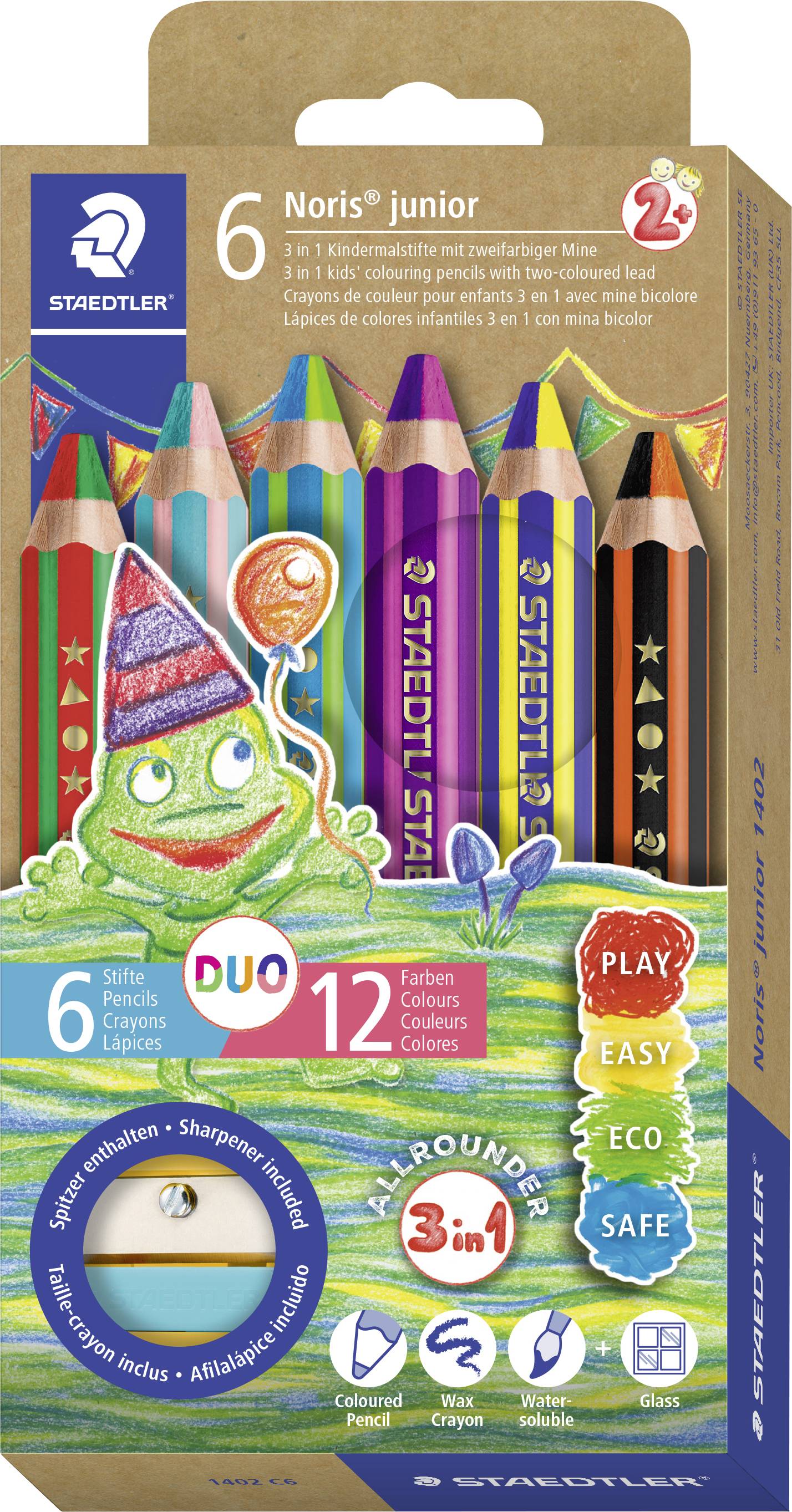 Staedtler Noris junior színes ceruza készlet kereskedelmi csomagolásban, 6 háromszögletű ceruzát és 12 színt mutat, „Play Easy Eco Safe" jelvényekkel.