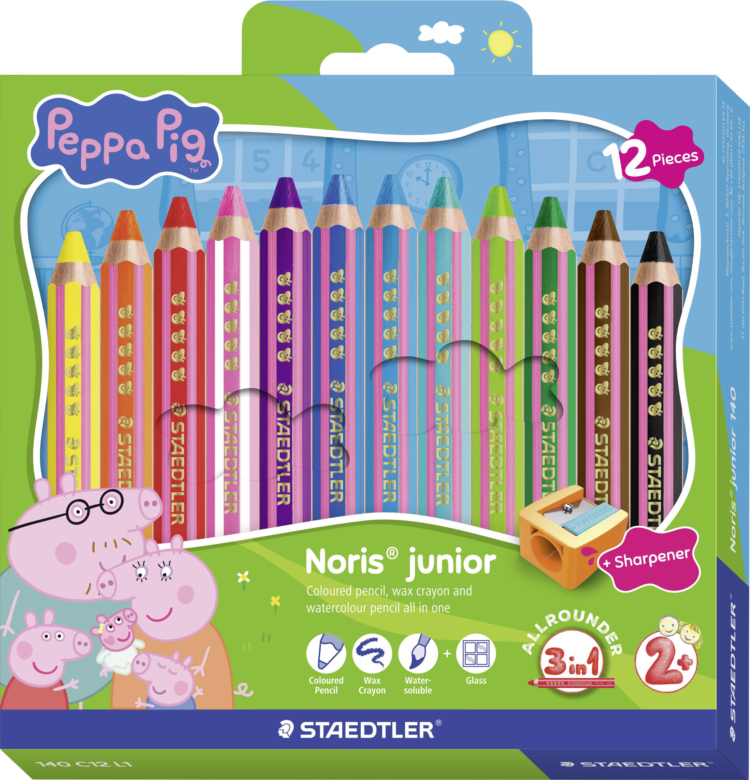 Peppa Pig Noris junior 12 darabos színes ceruza készlet csomagolása, amely többszínű ceruzákat, egy ceruzahegyezőt és Peppa Pig karaktereket mutat.