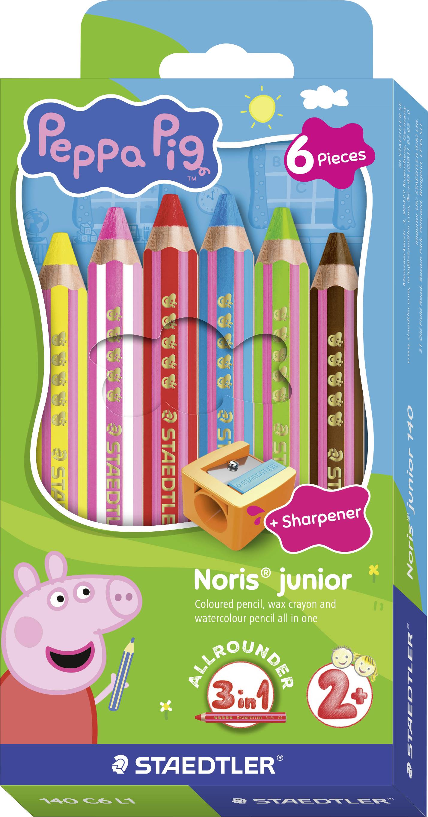 Peppa Pig 6 darabos színes ceruzakészlet a Staedtler-től, zöld csomagolásban megjelenítve hat ceruzával, hegyezővel és Peppa Pig karakterrajzzal.