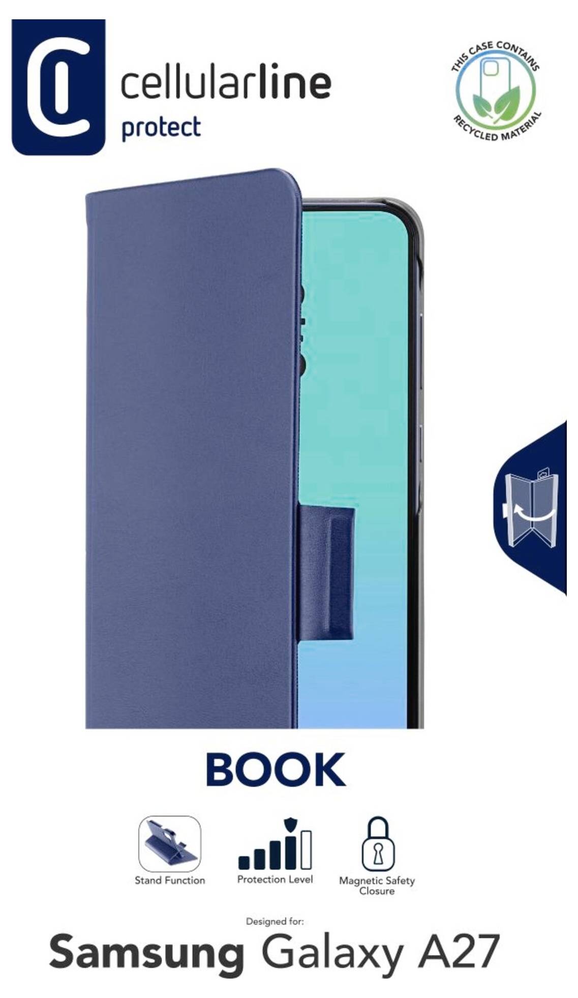 Cellularline Protect könyv stílusú kék telefontok Samsung Galaxy A27-hez, állványfunkcióval, védelmi szint és mágneses biztonsági zárral.