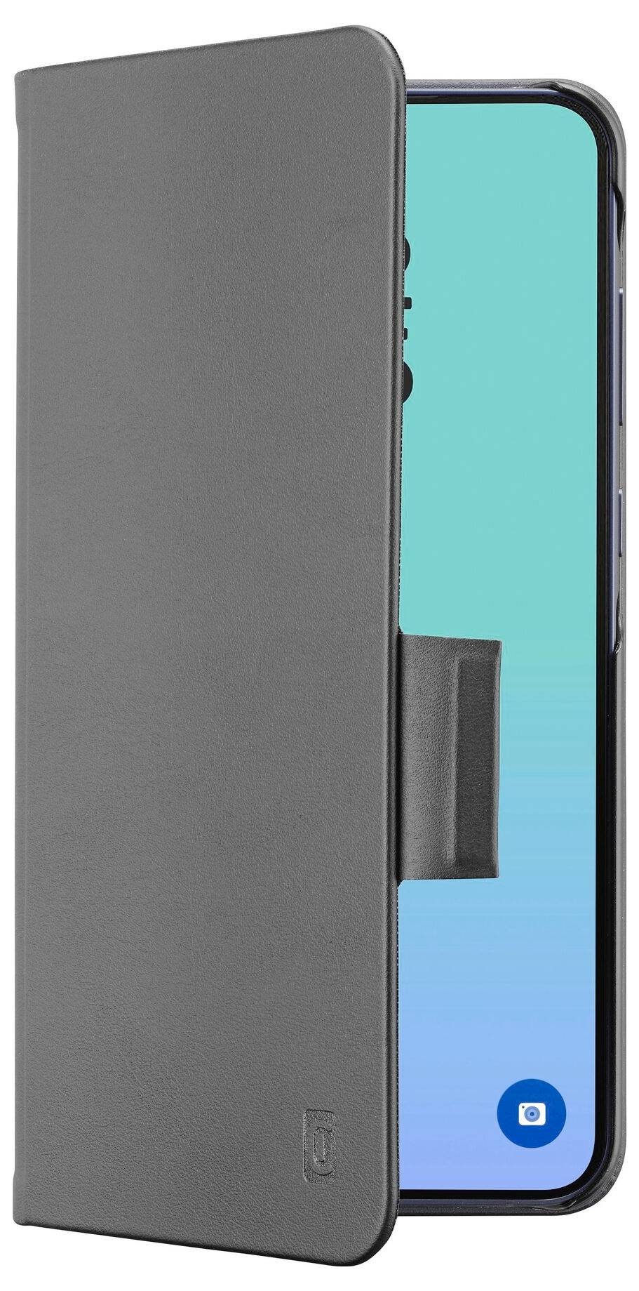 Okostelefon szürke notesz-szerű borítóban, amelynek elölapja részben nyitott, így látható a telefon képernyője és a kamerai ikon.