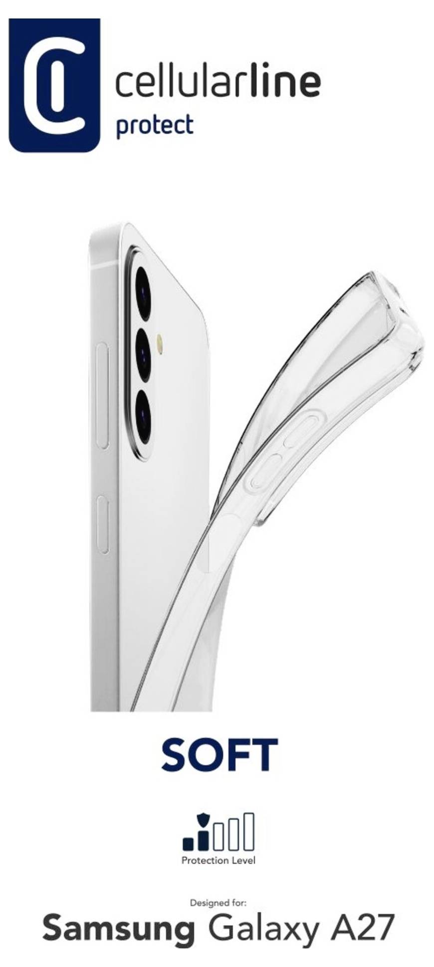 Cellularline Protect 'SOFT' átlátszó telefontok promóciós képe, amely egy Samsung Galaxy A27-en látható, 'Védelmi szint' ikonnal.