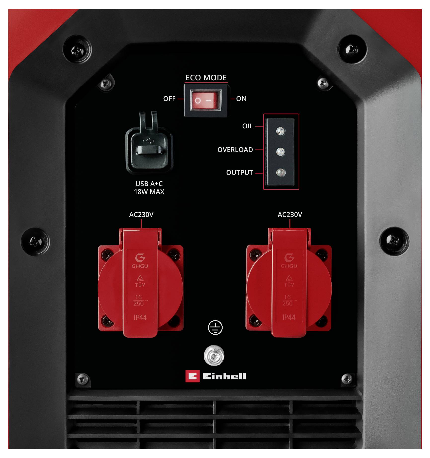 Generátor vezérlőpanel ECO módkapcsolóval, USB A+C 18W maximális port, olaj/túlterhelés/kimeneti jelzőfények és két AC230V aljzat.