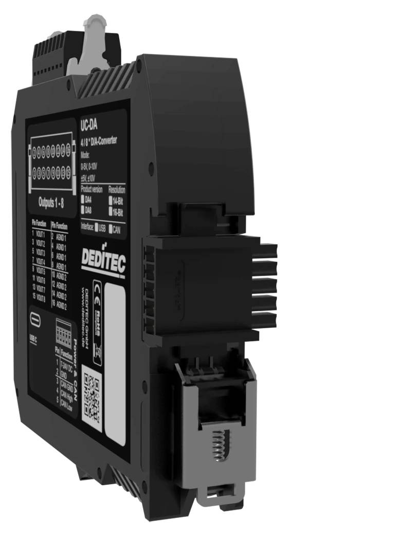 Fekete ipari DIN-sínre szerelhető kommunikációs modul felcímkézett előlappal, oldalsó csatlakozóval és csatlakozócsatornával, fehér háttéren látható.
