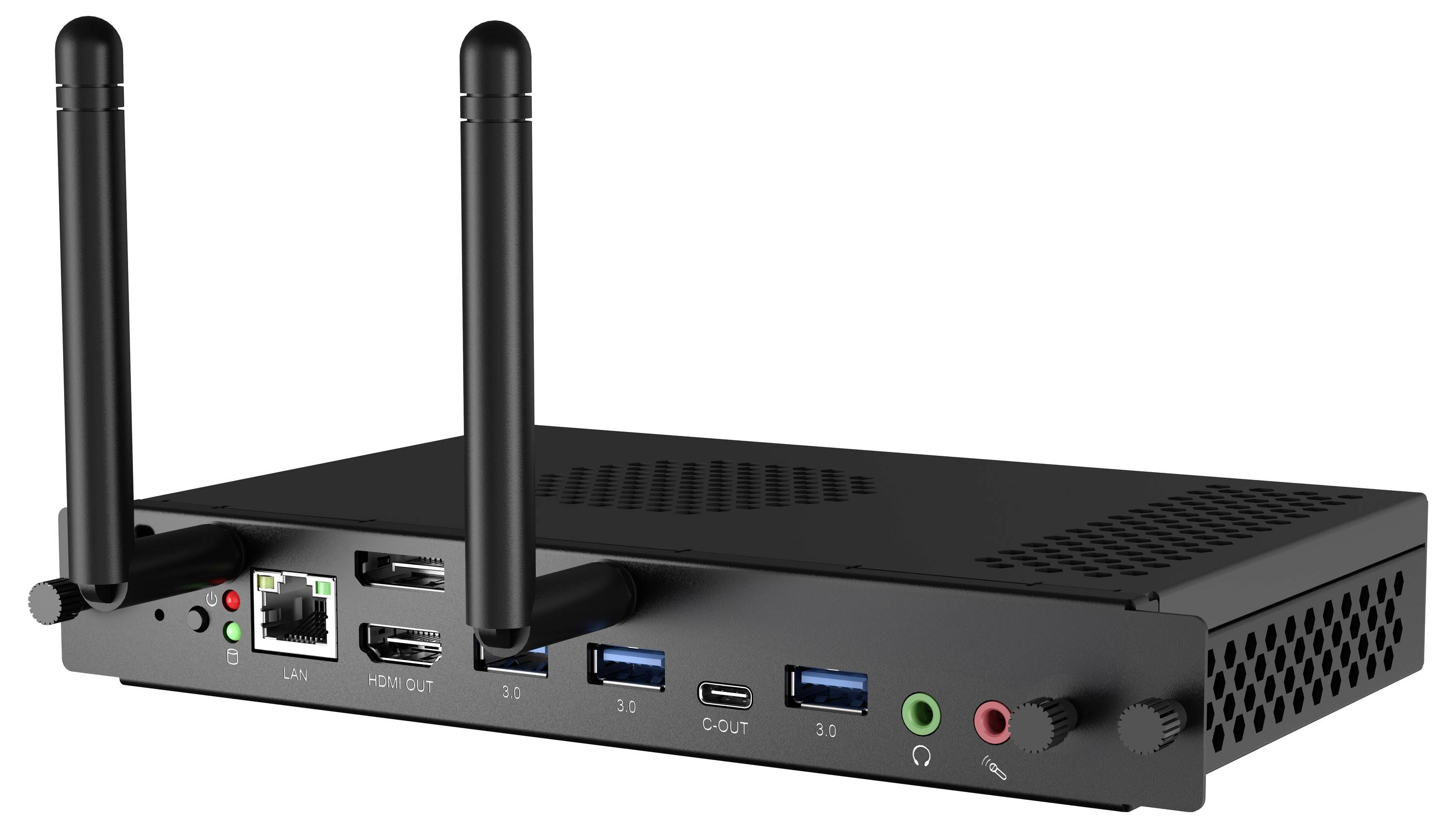 Kis fekete mini PC két antennával, amely az elülső portokat mutatja, beleértve a LAN-t, HDMI-t, USB-t, USB-C-t, audio csatlakozókat és a bekapcsológombot.