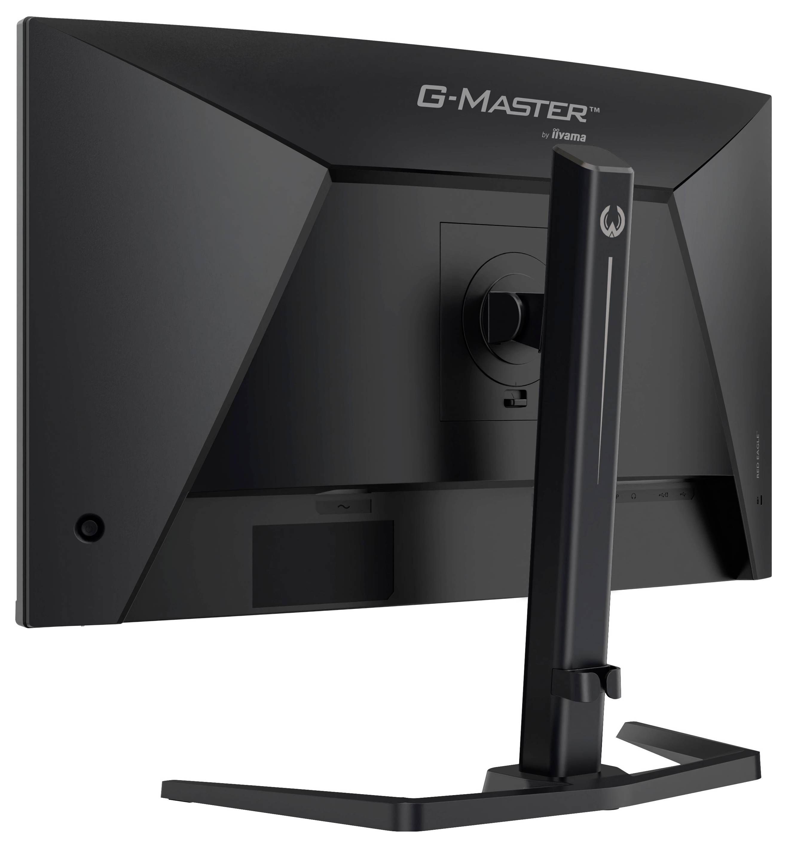 Egy fekete G-MASTER iiyama számítógépes monitor hátoldali nézete egy állványon, mely az állítható hátsó panelt és a kábel portterületet mutatja.