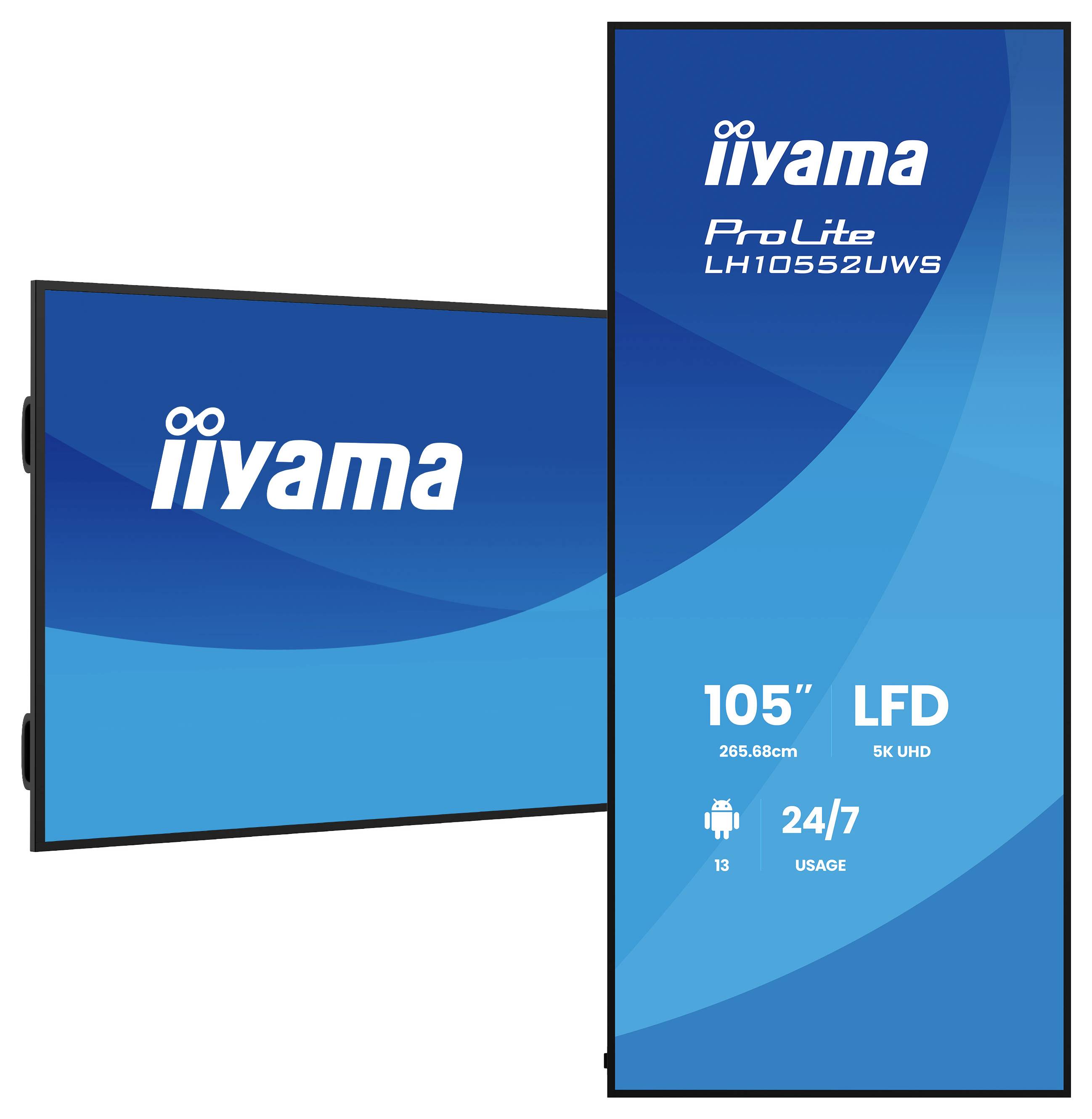 Az iiyama ProLite LH1052UWS 105 hüvelykes 5K UHD kijelzőjének képe, kék képernyővel, vízszintes és függőleges orientációban megjelenítve.