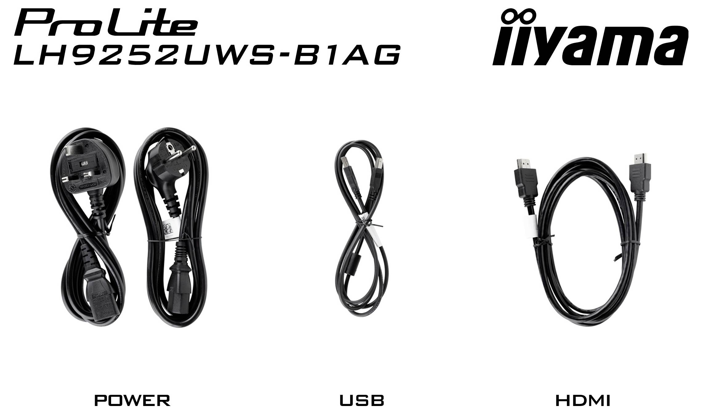iiyama ProLite LH9252UWS-B1AG kijelző kiegészítők: tápkábel, USB kábel és HDMI kábel külön-külön fehér háttéren megjelenítve.