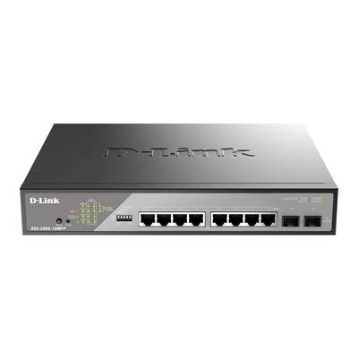 # D-Link hálózati kapcsoló frontnézete, DGS-2000-10MP modell, 10 Ethernet porttal, állapot LED-ekkel és tápellátási/hálózati jelzőfényekkel.
