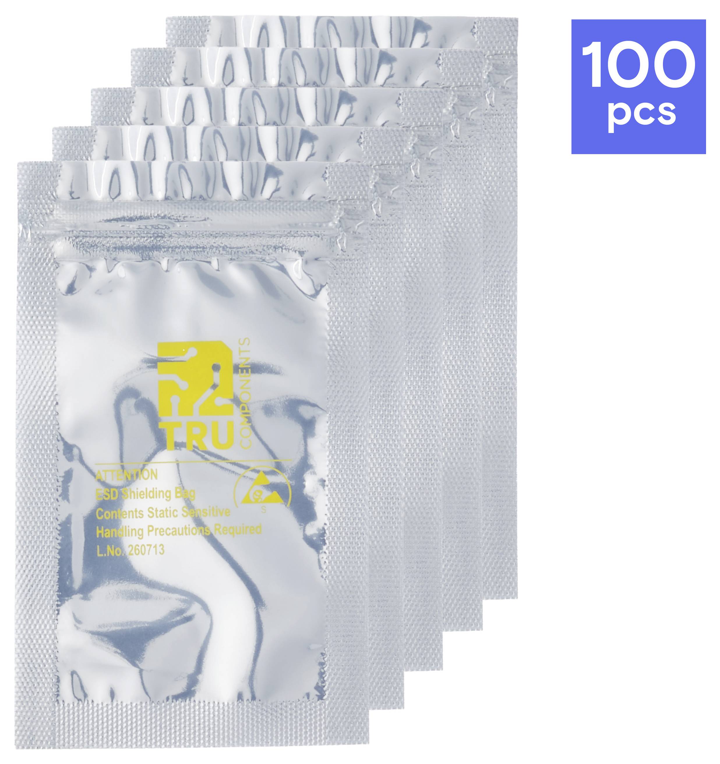Ezüst antisztatikus árnyékoláscsomag, amely "TRU Components" felirattal van ellátva, kék "100 db" jelvénnyel, amely egy 100 darabos csomagot jelez.